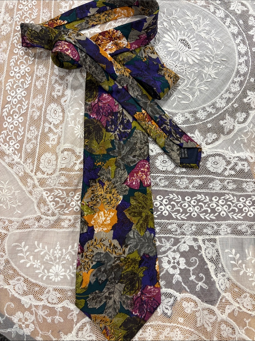 Floral Pattern Silk Tie in Purple, Green & Gold - Unbranded
